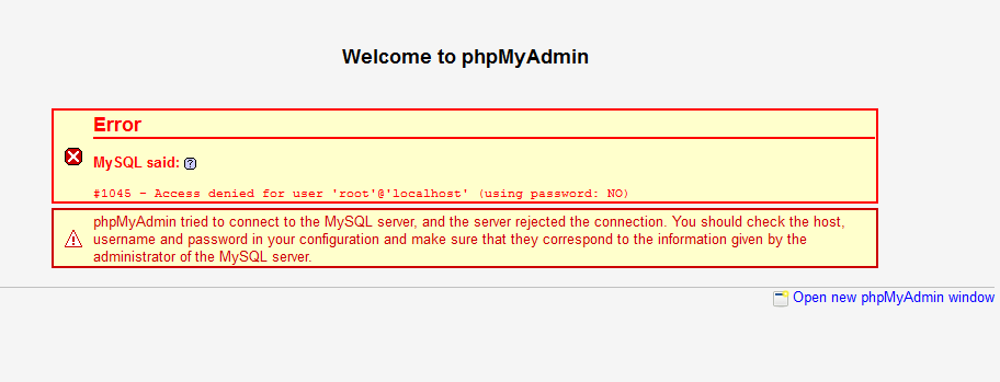 пхпМиАдмин користи аутоматски унос лозинке, тако да грешка прати (Коришћење лозинке: НЕ)